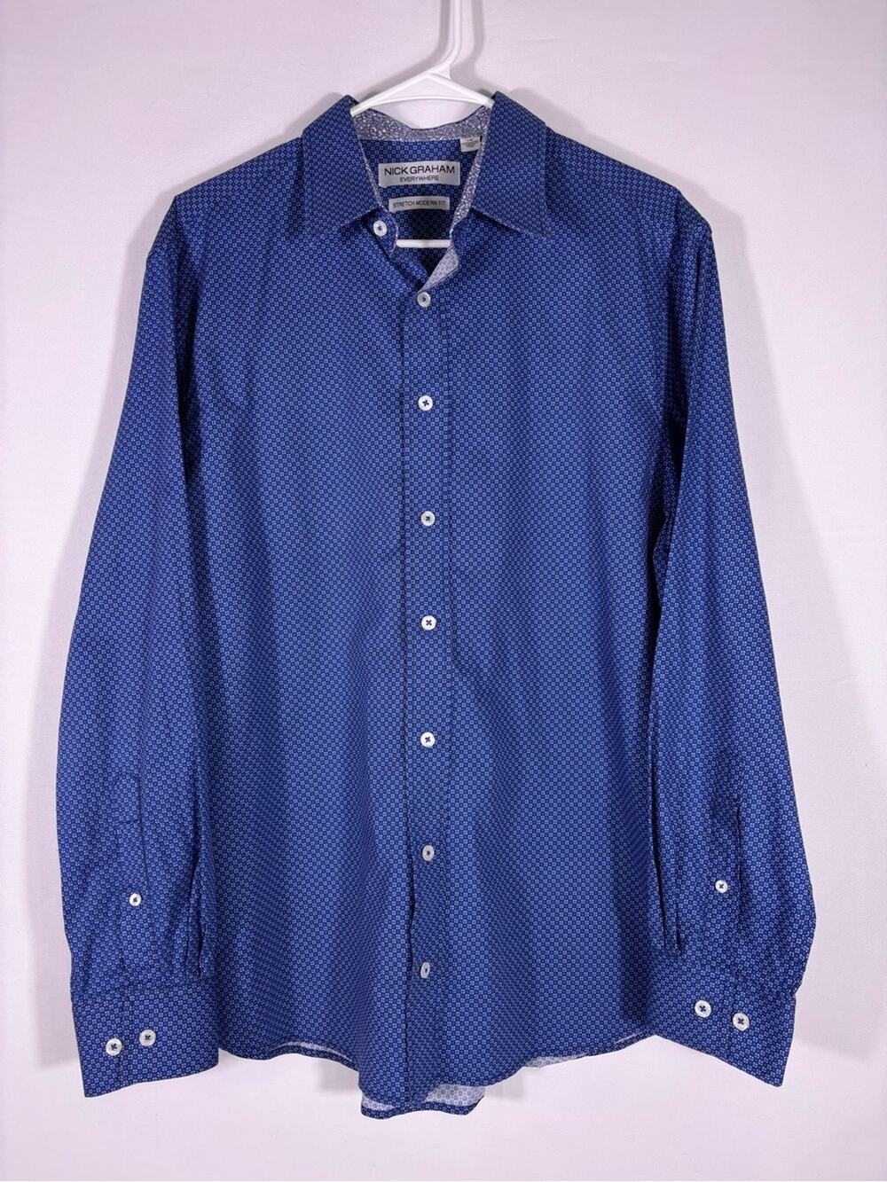 Nick Graham Stretch Modern Fit Blue Geometric Button Down Shirt Large